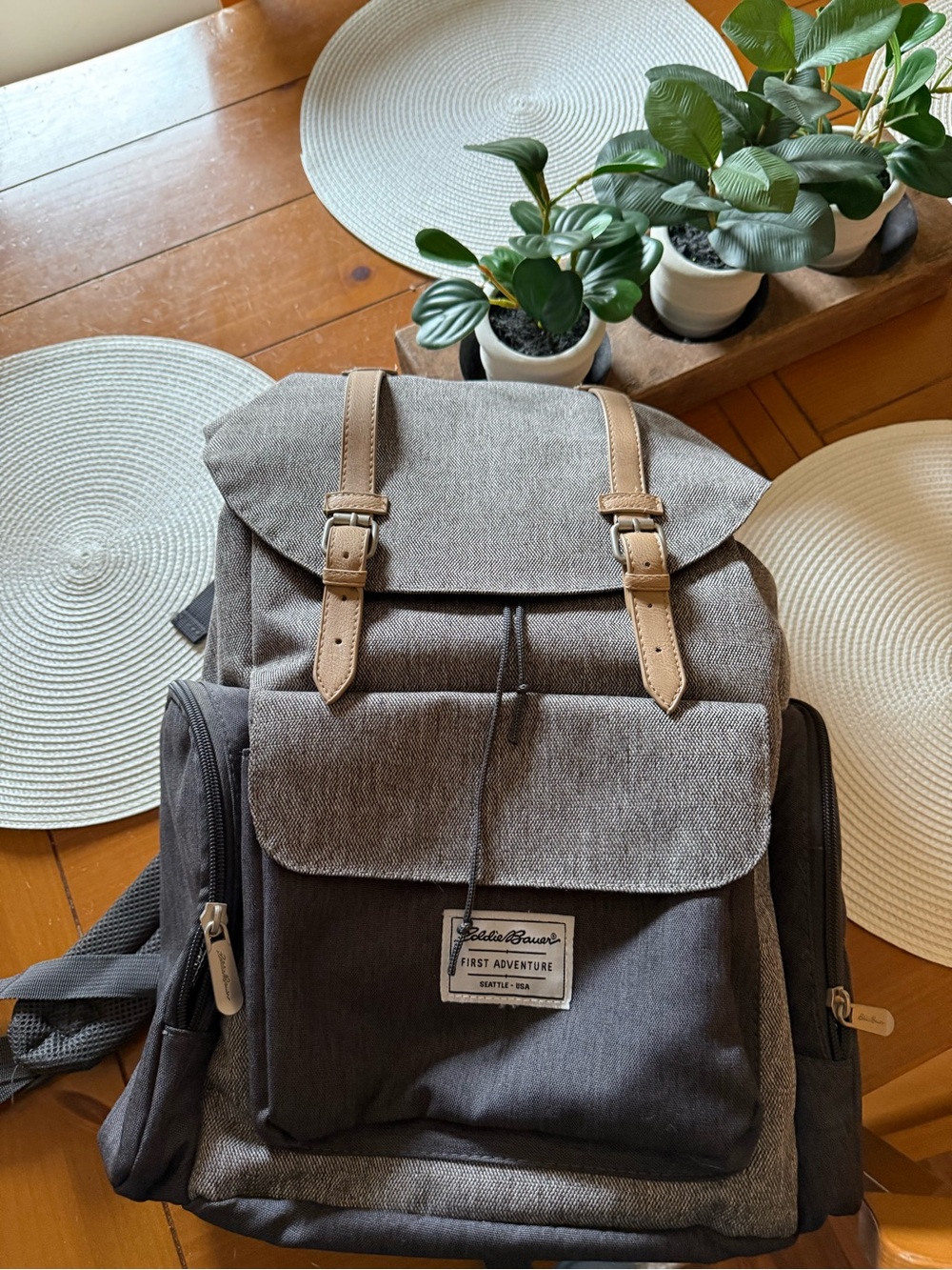 Gray Canvas Diaper/Backpack with Tan Accents